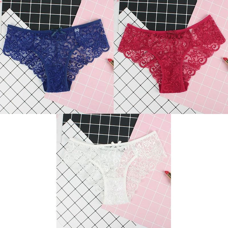 3Pcs Calcinhas Sexy De Renda Transparente Floral Arco Macio - Aifeli - Loja para todas as mulheres