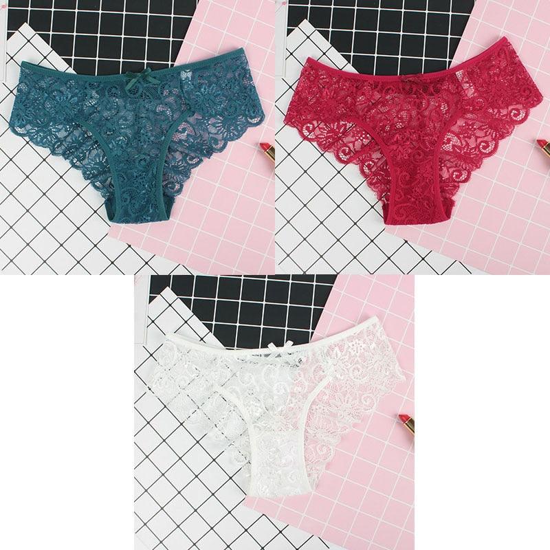 3Pcs Calcinhas Sexy De Renda Transparente Floral Arco Macio - Aifeli - Loja para todas as mulheres