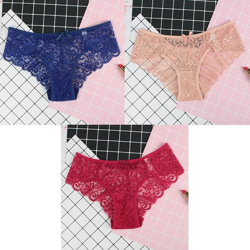 3Pcs Calcinhas Sexy De Renda Transparente Floral Arco Macio - Aifeli - Loja para todas as mulheres