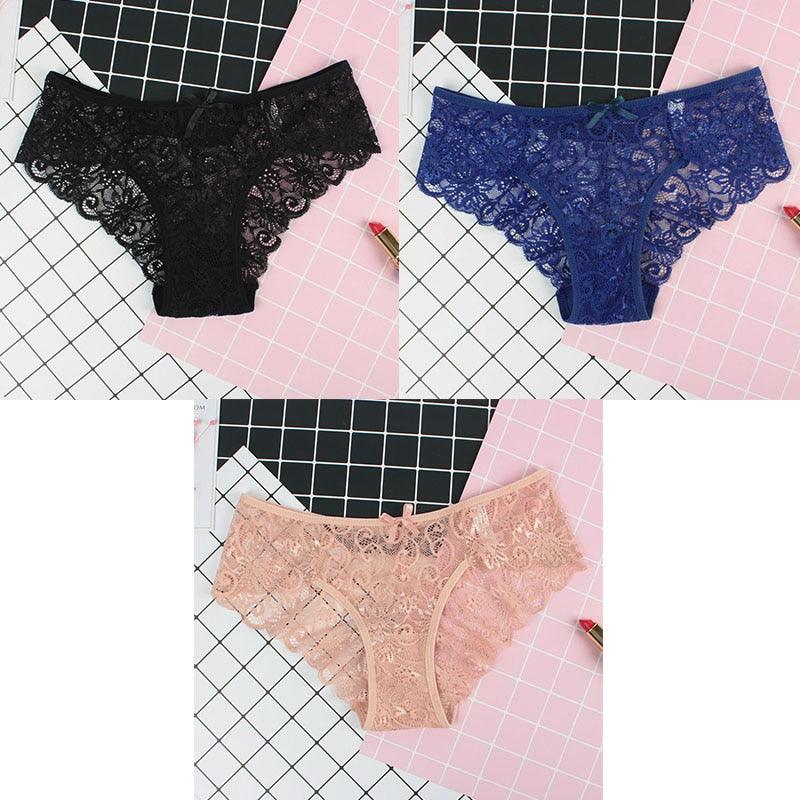 3Pcs Calcinhas Sexy De Renda Transparente Floral Arco Macio - Aifeli - Loja para todas as mulheres