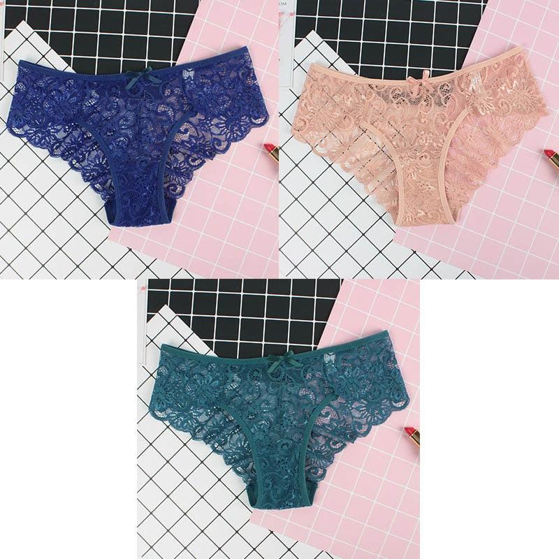 3Pcs Calcinhas Sexy De Renda Transparente Floral Arco Macio - Aifeli - Loja para todas as mulheres