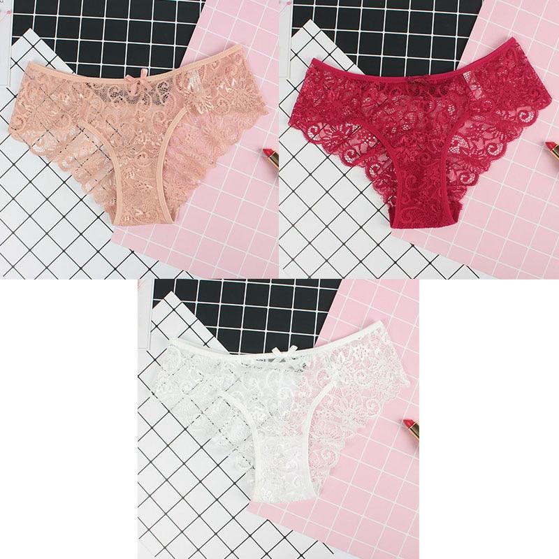 3Pcs Calcinhas Sexy De Renda Transparente Floral Arco Macio - Aifeli - Loja para todas as mulheres